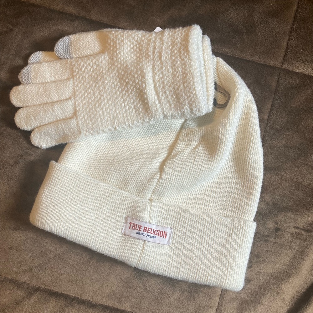 True Religion brand,new with tags,ivory color, hat and glove set, warm and comfy